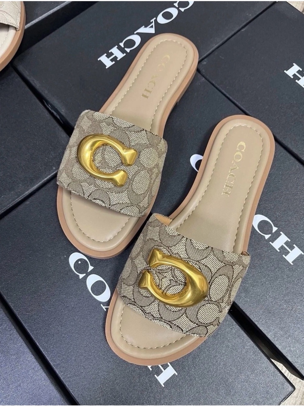 Coach Tan Signature Jacquard Slide Sandals with Gold C Hardware